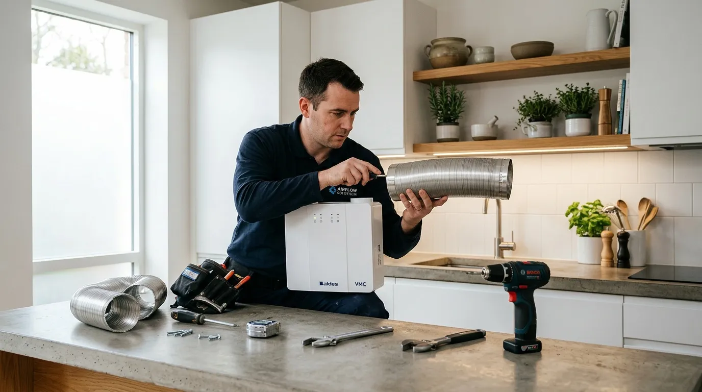 Technicien installe système extraction air cuisine moderne