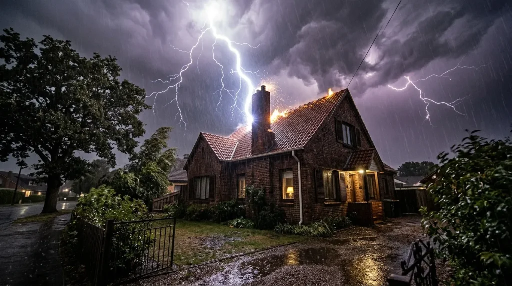 Maison illuminée durant un violent orage avec éclairs spectaculaires