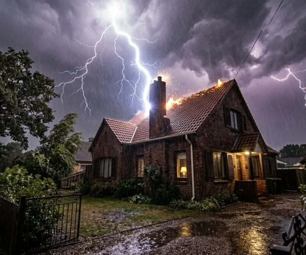 Maison illuminée durant un violent orage avec éclairs spectaculaires