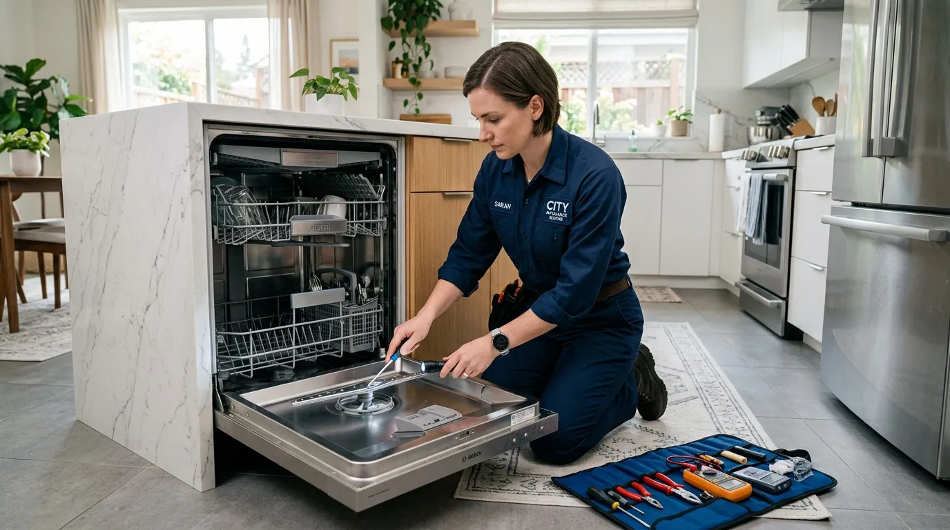 Technicienne en uniforme réparant un lave-vaisselle dans une cuisine