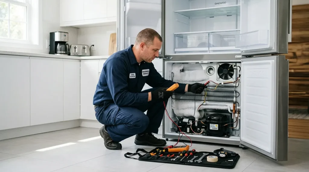 Technicien en bleu répare le compartiment arrière d'un réfrigérateur