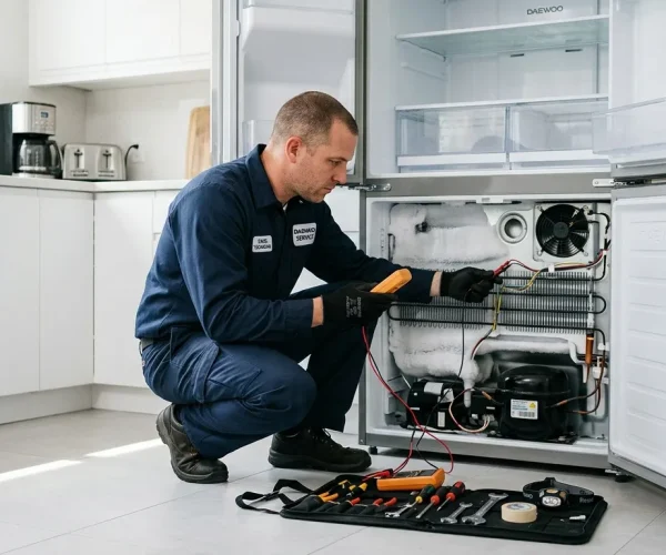 Technicien en bleu répare le compartiment arrière d'un réfrigérateur