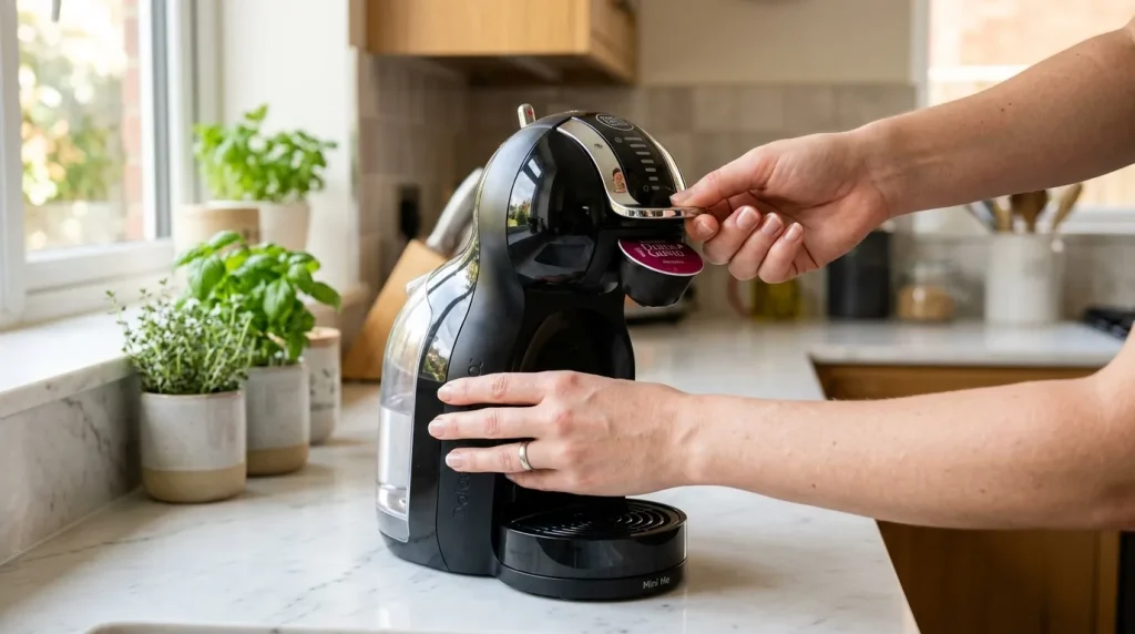 Personne insérant capsule café dans machine Dolce Gusto