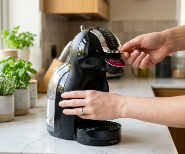 Personne insérant capsule café dans machine Dolce Gusto